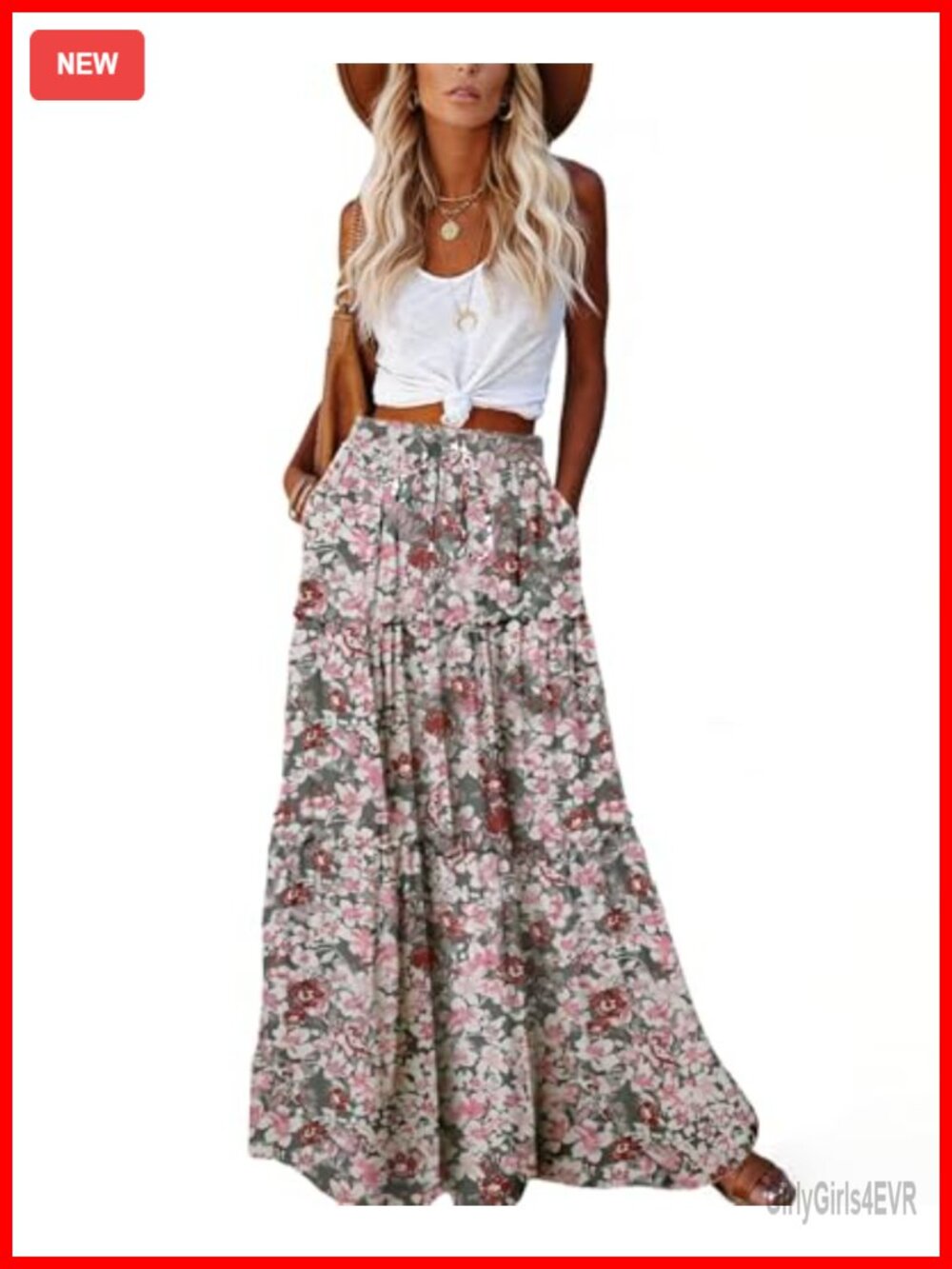 Flowy Tiered Maxi Skirt with Pockets High Waist Drawstring Chiffon
